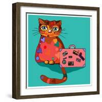 Concept Cat in Cartoon Style. Vector Illustration. Travel Concept: the Cat and a Suitcase to Travel-De Visu-Framed Art Print