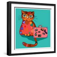 Concept Cat in Cartoon Style. Vector Illustration. Travel Concept: the Cat and a Suitcase to Travel-De Visu-Framed Art Print