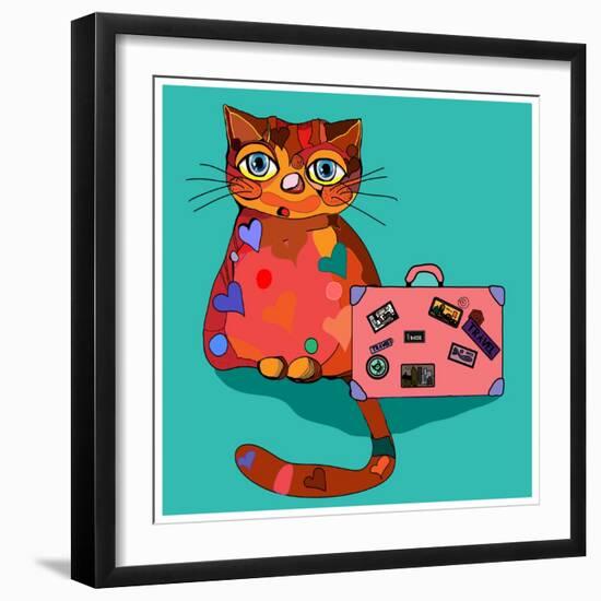 Concept Cat in Cartoon Style. Vector Illustration. Travel Concept: the Cat and a Suitcase to Travel-De Visu-Framed Art Print