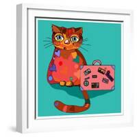 Concept Cat in Cartoon Style. Vector Illustration. Travel Concept: the Cat and a Suitcase to Travel-De Visu-Framed Art Print