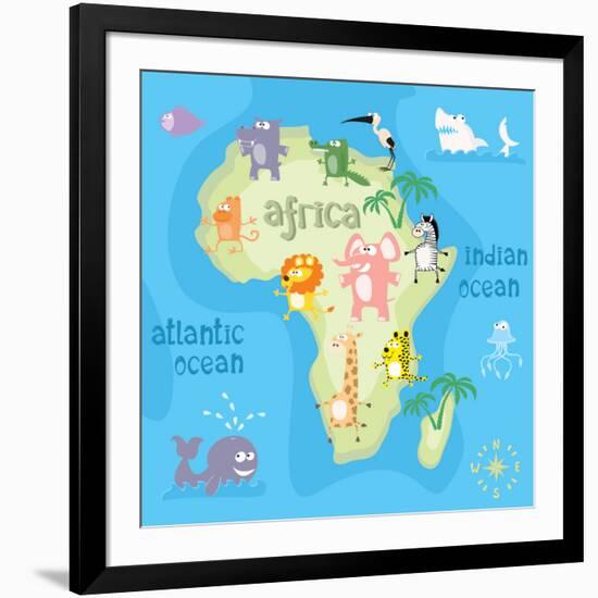 Concept Design Map of African Continent with Animals Drawing in Funny Cartoon Style for Kids and Pr-Dunhill-Framed Art Print