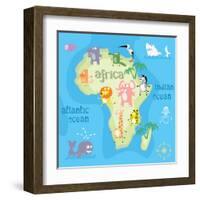 Concept Design Map of African Continent with Animals Drawing in Funny Cartoon Style for Kids and Pr-Dunhill-Framed Art Print