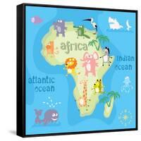 Concept Design Map of African Continent with Animals Drawing in Funny Cartoon Style for Kids and Pr-Dunhill-Framed Stretched Canvas