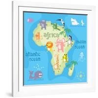 Concept Design Map of African Continent with Animals Drawing in Funny Cartoon Style for Kids and Pr-Dunhill-Framed Art Print