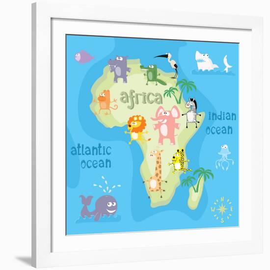 Concept Design Map of African Continent with Animals Drawing in Funny Cartoon Style for Kids and Pr-Dunhill-Framed Art Print