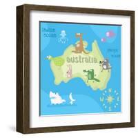 Concept Design Map of Australian Continent with Animals Drawing in Funny Cartoon Style for Kids And-Dunhill-Framed Art Print