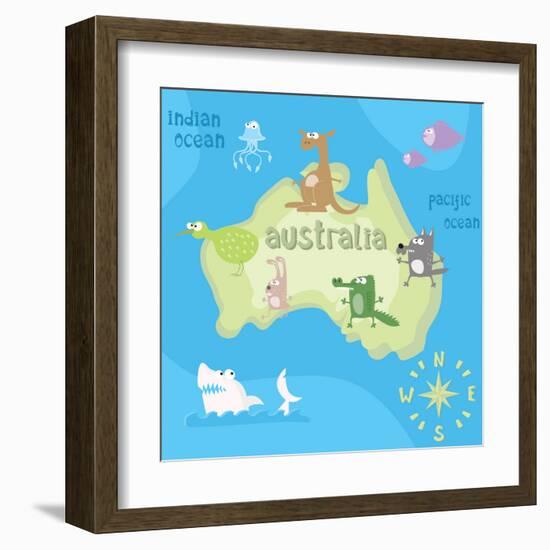 Concept Design Map of Australian Continent with Animals Drawing in Funny Cartoon Style for Kids And-Dunhill-Framed Art Print