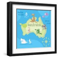 Concept Design Map of Australian Continent with Animals Drawing in Funny Cartoon Style for Kids And-Dunhill-Framed Art Print