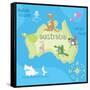 Concept Design Map of Australian Continent with Animals Drawing in Funny Cartoon Style for Kids And-Dunhill-Framed Stretched Canvas