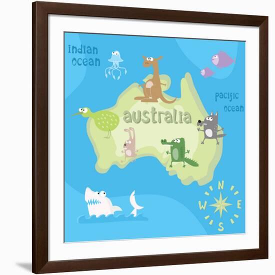 Concept Design Map of Australian Continent with Animals Drawing in Funny Cartoon Style for Kids And-Dunhill-Framed Art Print