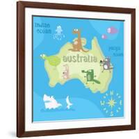 Concept Design Map of Australian Continent with Animals Drawing in Funny Cartoon Style for Kids And-Dunhill-Framed Art Print