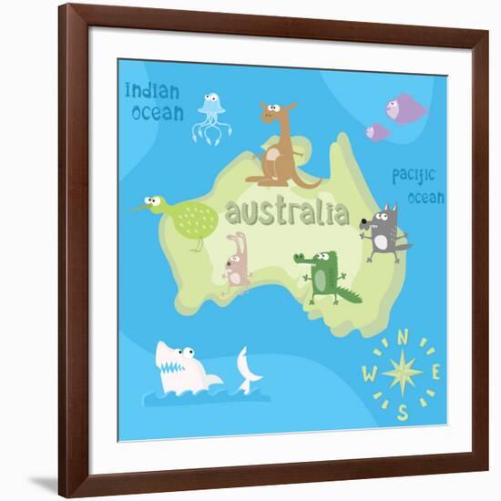 Concept Design Map of Australian Continent with Animals Drawing in Funny Cartoon Style for Kids And-Dunhill-Framed Art Print