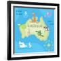 Concept Design Map of Australian Continent with Animals Drawing in Funny Cartoon Style for Kids And-Dunhill-Framed Art Print