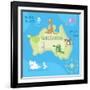 Concept Design Map of Australian Continent with Animals Drawing in Funny Cartoon Style for Kids And-Dunhill-Framed Art Print