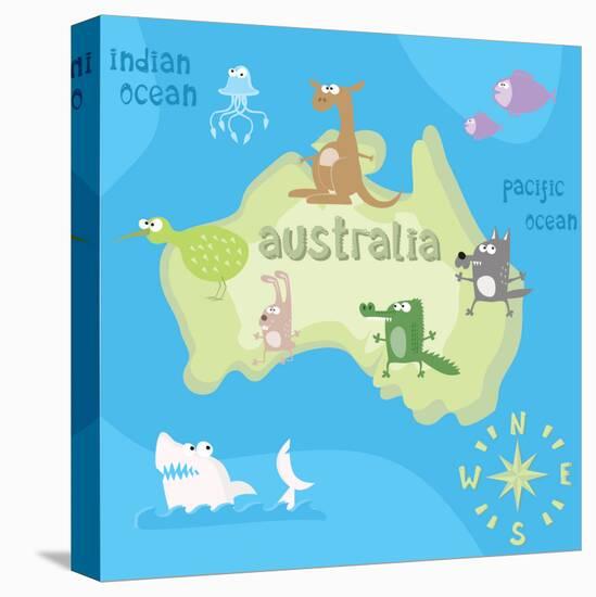 Concept Design Map of Australian Continent with Animals Drawing in Funny Cartoon Style for Kids And-Dunhill-Stretched Canvas