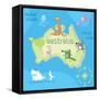 Concept Design Map of Australian Continent with Animals Drawing in Funny Cartoon Style for Kids And-Dunhill-Framed Stretched Canvas