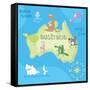 Concept Design Map of Australian Continent with Animals Drawing in Funny Cartoon Style for Kids And-Dunhill-Framed Stretched Canvas