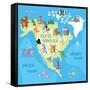Concept Design Map of North American Continent with Animals Drawing in Funny Cartoon Style for Kids-Dunhill-Framed Stretched Canvas