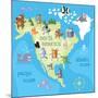 Concept Design Map of North American Continent with Animals Drawing in Funny Cartoon Style for Kids-Dunhill-Mounted Art Print