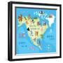 Concept Design Map of North American Continent with Animals Drawing in Funny Cartoon Style for Kids-Dunhill-Framed Art Print