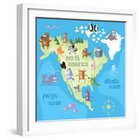 Concept Design Map of North American Continent with Animals Drawing in Funny Cartoon Style for Kids-Dunhill-Framed Art Print