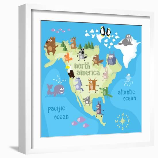 Concept Design Map of North American Continent with Animals Drawing in Funny Cartoon Style for Kids-Dunhill-Framed Art Print