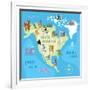 Concept Design Map of North American Continent with Animals Drawing in Funny Cartoon Style for Kids-Dunhill-Framed Art Print