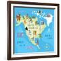 Concept Design Map of North American Continent with Animals Drawing in Funny Cartoon Style for Kids-Dunhill-Framed Art Print