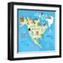 Concept Design Map of North American Continent with Animals Drawing in Funny Cartoon Style for Kids-Dunhill-Framed Art Print