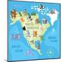 Concept Design Map of North American Continent with Animals Drawing in Funny Cartoon Style for Kids-Dunhill-Mounted Art Print