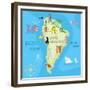 Concept Design Map of South American Continent with Animals Drawing in Funny Cartoon Style for Kids-Dunhill-Framed Premium Giclee Print