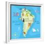 Concept Design Map of South American Continent with Animals Drawing in Funny Cartoon Style for Kids-Dunhill-Framed Premium Giclee Print