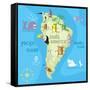 Concept Design Map of South American Continent with Animals Drawing in Funny Cartoon Style for Kids-Dunhill-Framed Stretched Canvas