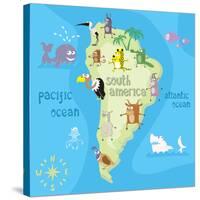 Concept Design Map of South American Continent with Animals Drawing in Funny Cartoon Style for Kids-Dunhill-Stretched Canvas