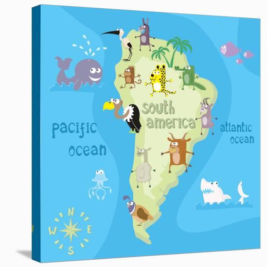 Concept Design Map of South American Continent with Animals Drawing in Funny Cartoon Style for Kids-Dunhill-Stretched Canvas