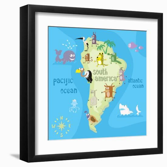 Concept Design Map of South American Continent with Animals Drawing in Funny Cartoon Style for Kids-Dunhill-Framed Art Print