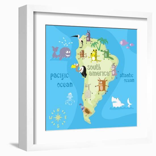 Concept Design Map of South American Continent with Animals Drawing in Funny Cartoon Style for Kids-Dunhill-Framed Art Print