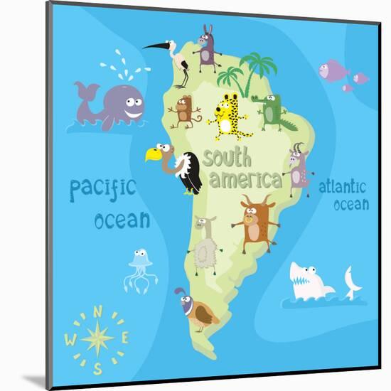 Concept Design Map of South American Continent with Animals Drawing in Funny Cartoon Style for Kids-Dunhill-Mounted Art Print