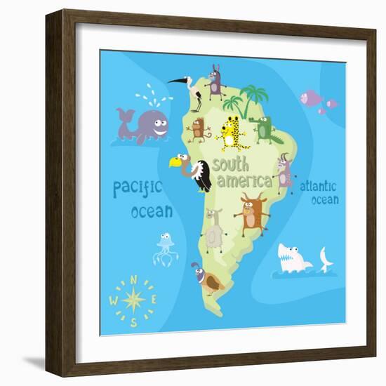 Concept Design Map of South American Continent with Animals Drawing in Funny Cartoon Style for Kids-Dunhill-Framed Art Print