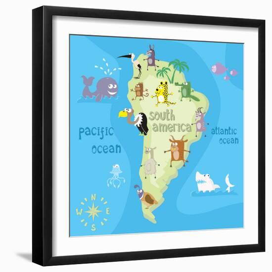 Concept Design Map of South American Continent with Animals Drawing in Funny Cartoon Style for Kids-Dunhill-Framed Art Print