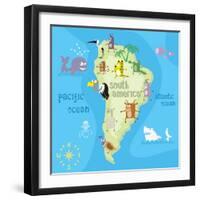 Concept Design Map of South American Continent with Animals Drawing in Funny Cartoon Style for Kids-Dunhill-Framed Art Print