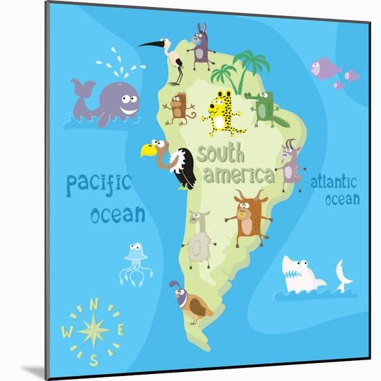 Concept Design Map of South American Continent with Animals Drawing in Funny Cartoon Style for Kids-Dunhill-Mounted Art Print