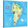 Concept Design Map of South American Continent with Animals Drawing in Funny Cartoon Style for Kids-Dunhill-Stretched Canvas