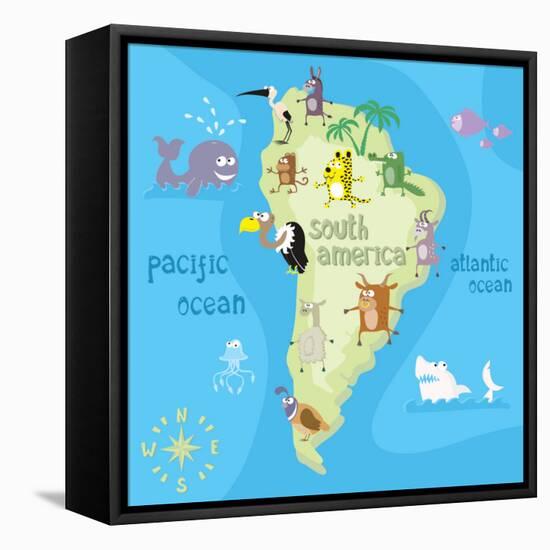 Concept Design Map of South American Continent with Animals Drawing in Funny Cartoon Style for Kids-Dunhill-Framed Stretched Canvas