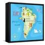 Concept Design Map of South American Continent with Animals Drawing in Funny Cartoon Style for Kids-Dunhill-Framed Stretched Canvas