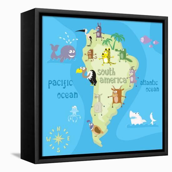 Concept Design Map of South American Continent with Animals Drawing in Funny Cartoon Style for Kids-Dunhill-Framed Stretched Canvas