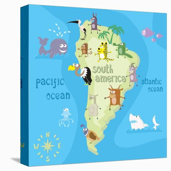 Concept Design Map of South American Continent with Animals Drawing in Funny Cartoon Style for Kids-Dunhill-Stretched Canvas