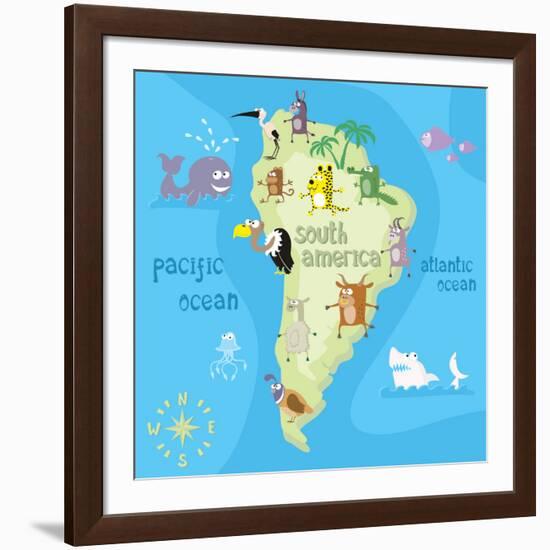 Concept Design Map of South American Continent with Animals Drawing in Funny Cartoon Style for Kids-Dunhill-Framed Art Print