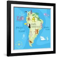 Concept Design Map of South American Continent with Animals Drawing in Funny Cartoon Style for Kids-Dunhill-Framed Art Print