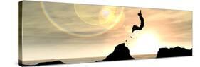 Concept or Conceptual Young Man or Businessman Silhouette Jump Happy from Cliff over Water Gap Suns-bestdesign36-Stretched Canvas